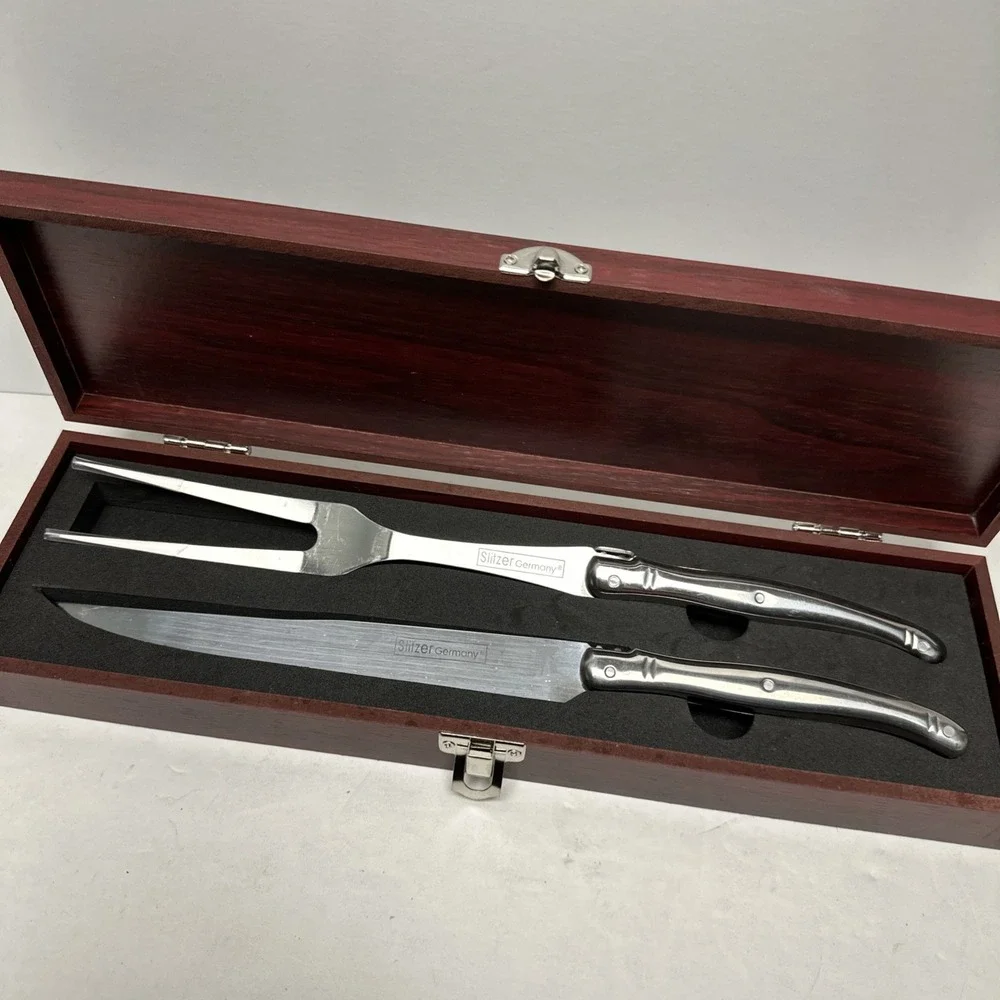 Slitzer Knife & Fork Carving Set Germany 2pc European-Style with Wooden Box